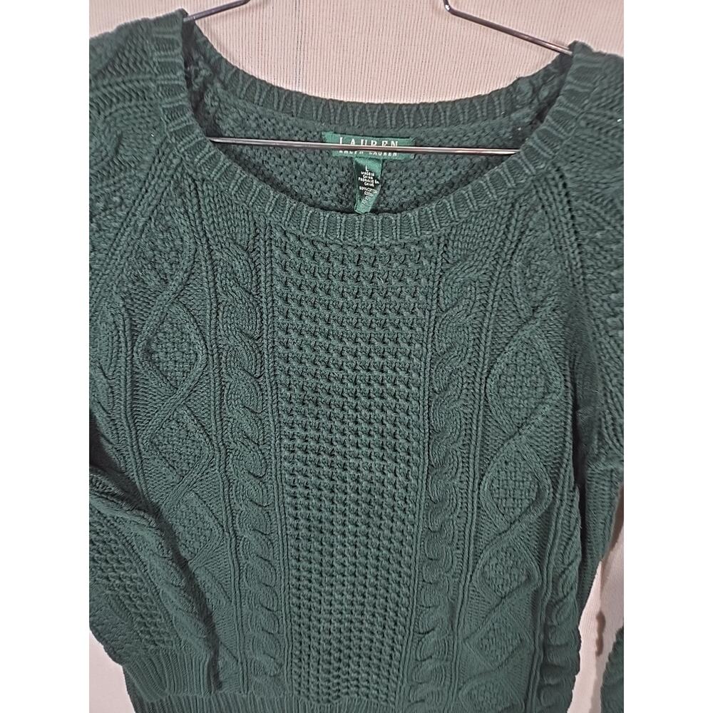 Ralph Lauren Cable Knit Fishman Cable Sweater Woman L Green Cotton Blend Classic